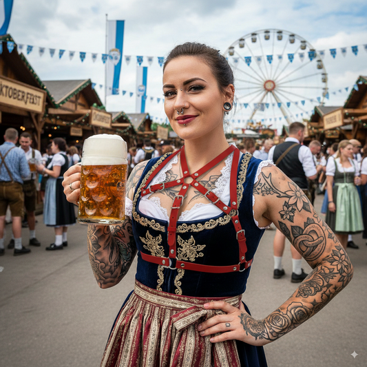 Frau im Dirndl mit rotem Lederharness und Maßkrug auf dem Oktoberfest, modernes Dirndl Accessoire im Trachten-Look.
